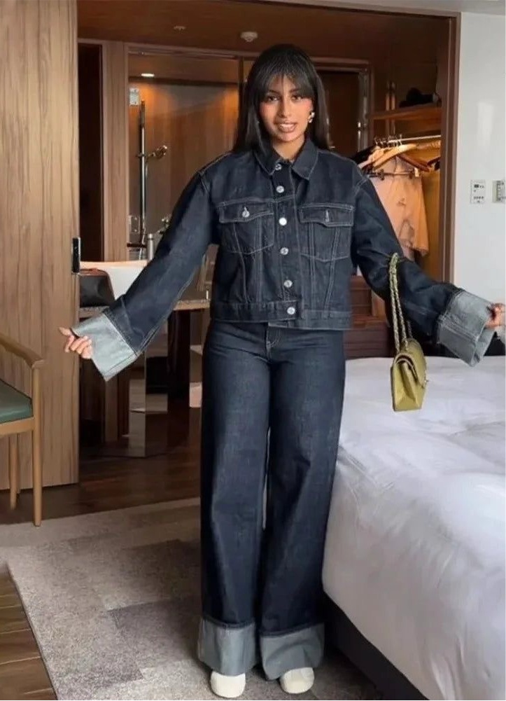 Lorven™ Lorelei - Kollu Denim İki Parçalı Set