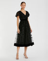 Lorven™ Siyah İşlemeli Kelebek Kollu Kadife Etekli Midi Elbise