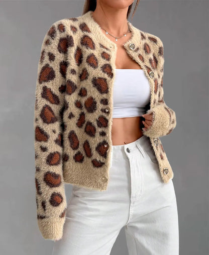 Lorven™ Leopar Desenli Tüylü Triko Hırka