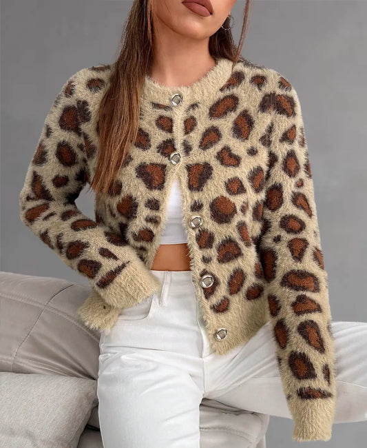 Lorven™ Leopar Desenli Tüylü Triko Hırka