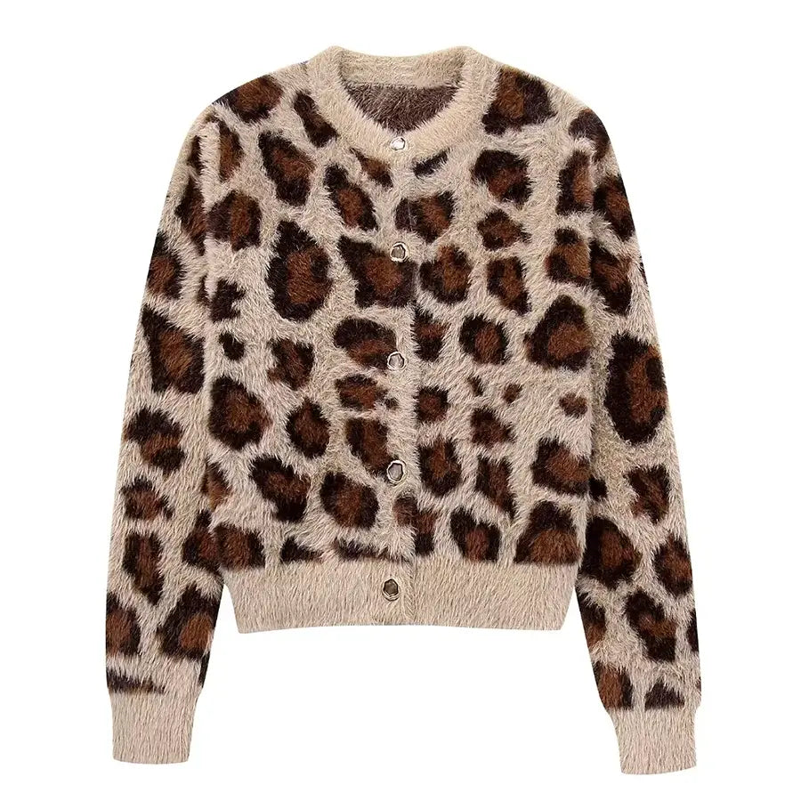 Lorven™ Leopar Desenli Tüylü Triko Hırka