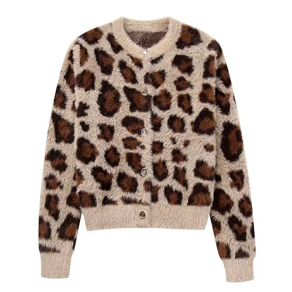 Lorven™ Leopar Desenli Tüylü Triko Hırka