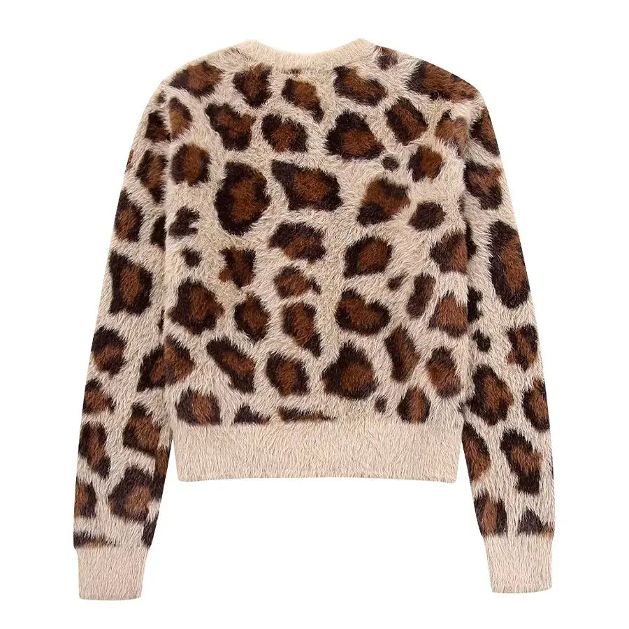 Lorven™ Leopar Desenli Tüylü Triko Hırka