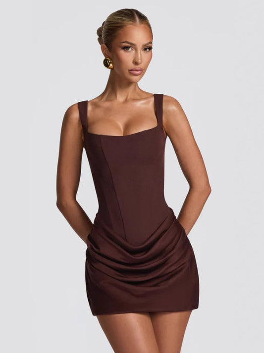 Lorven™ Kahve Korse Detaylı Drapeli Mini Elbise