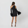 Lorven™ Siyah Asimetrik Tüy Detaylı Krep Uzun Kol Mini Elbise