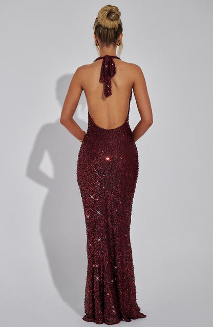Lorven™ Lorena Maxi Elbise - Şarap Astarlı