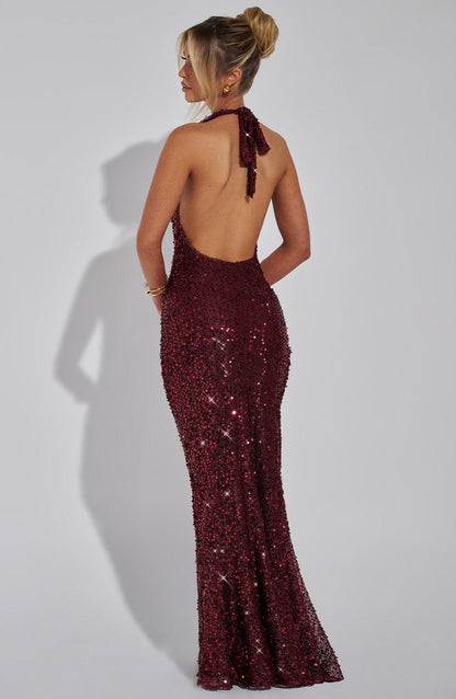 Lorven™ Lorena Maxi Elbise - Şarap Astarlı