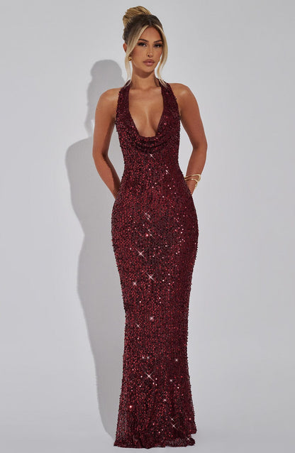 Lorven™ Lorena Maxi Elbise - Şarap Astarlı