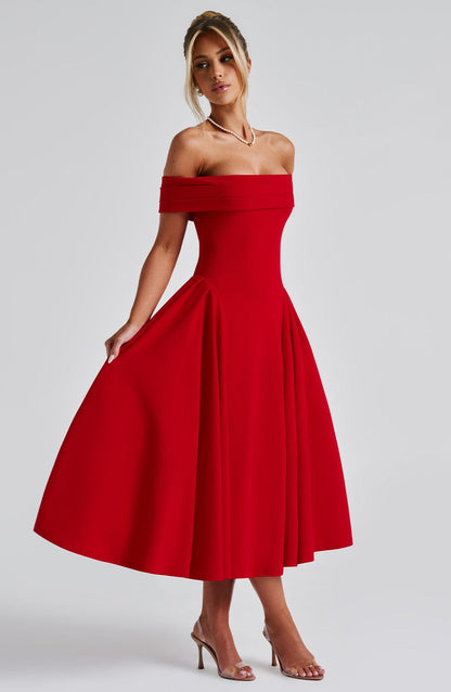 Lorven™ Miranda Midi Elbise - Kırmızı