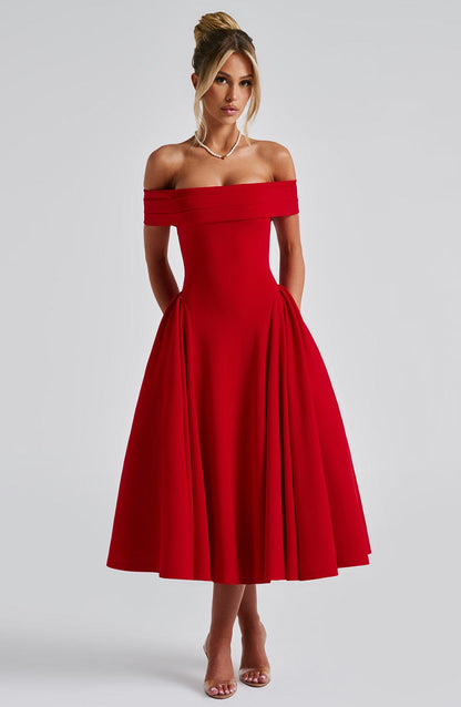 Lorven™ Miranda Midi Elbise - Kırmızı