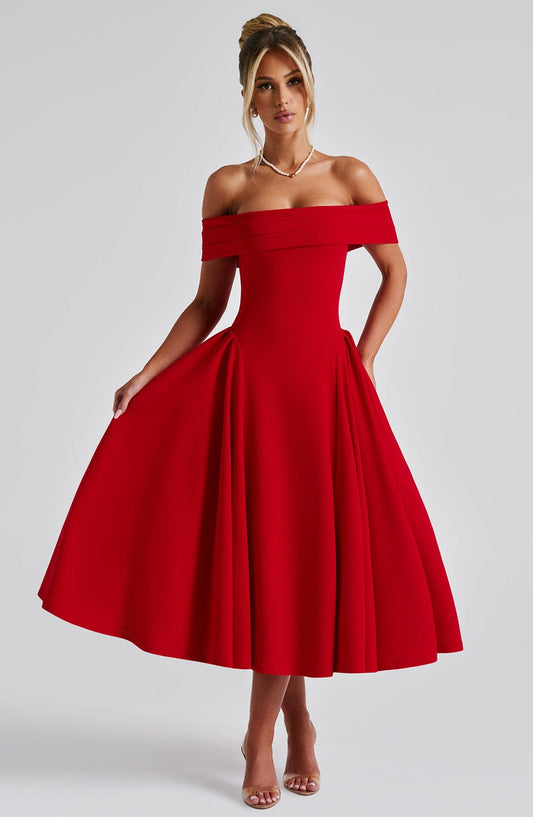 Lorven™ Miranda Midi Elbise - Kırmızı